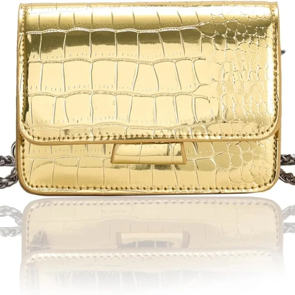 Small Crossbody Purse Mini Gold Metallic Croc Embossed Handbag for Women